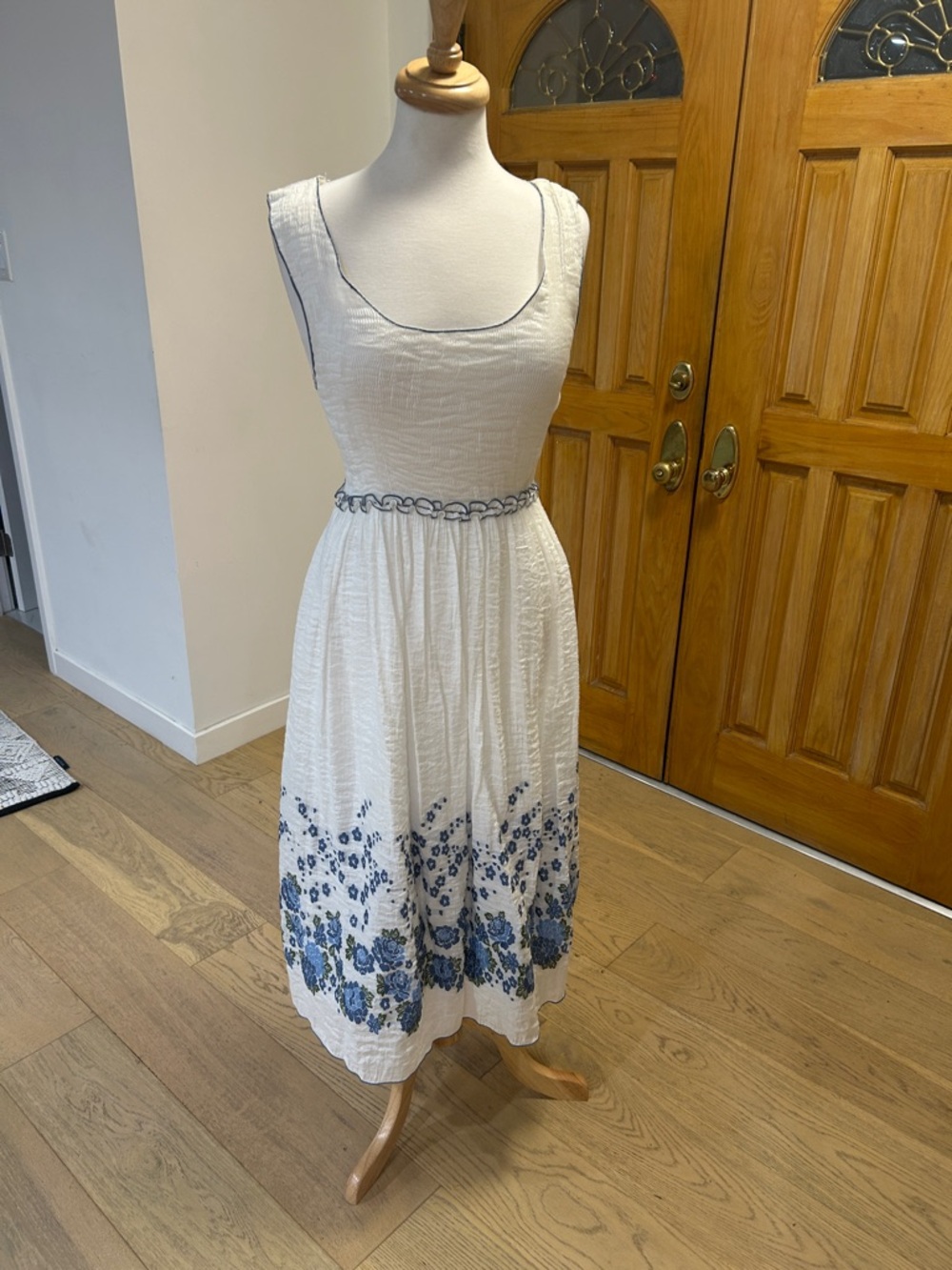 Max Studio White Midi Dress with Blue Embroidered Floral Hem